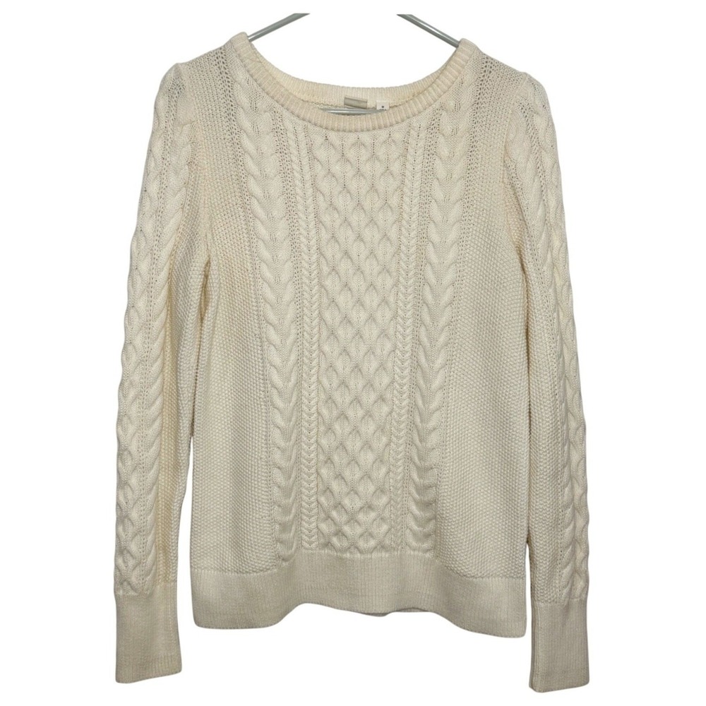 Gap Sweater Cream Cable Knit Cotton Crew Neck Womens Size M Ivory Pullover